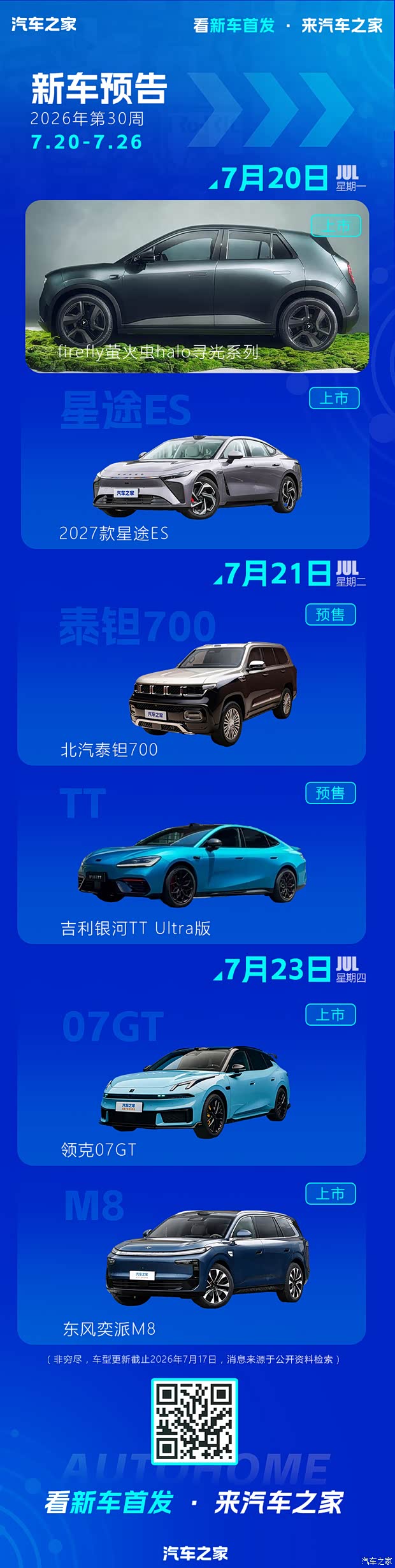 领克07GT/吉利银河TT Ultra等 2026年第30周(7.20-7.26)新车预告